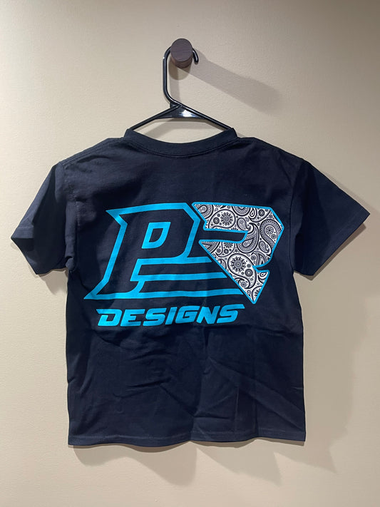 Silk Screened Logoed Gildan Shirts With Teal Outline And Paisley Print On Black Shirt