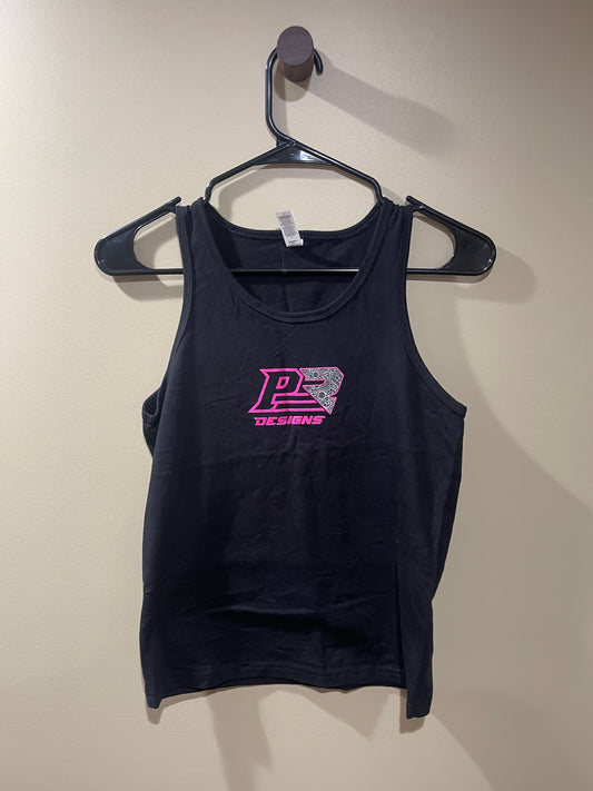 Silk Screened Logoed Gildan Tank Top With Pink Outline And Paisley Print On Chest Area.